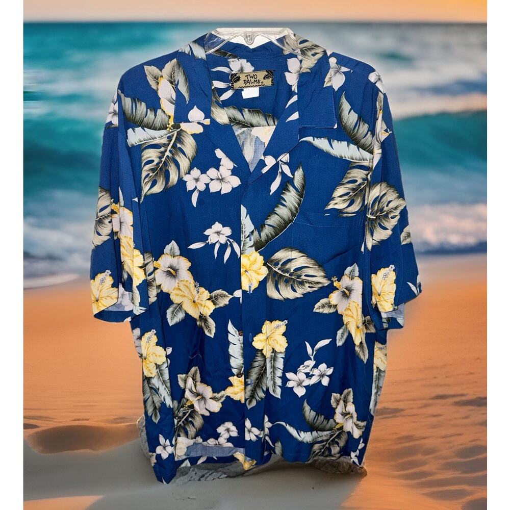 TWO PALMS Royal Blue Hawaiian Mens Extra-Large S/S Floral Orchid Shirt USA